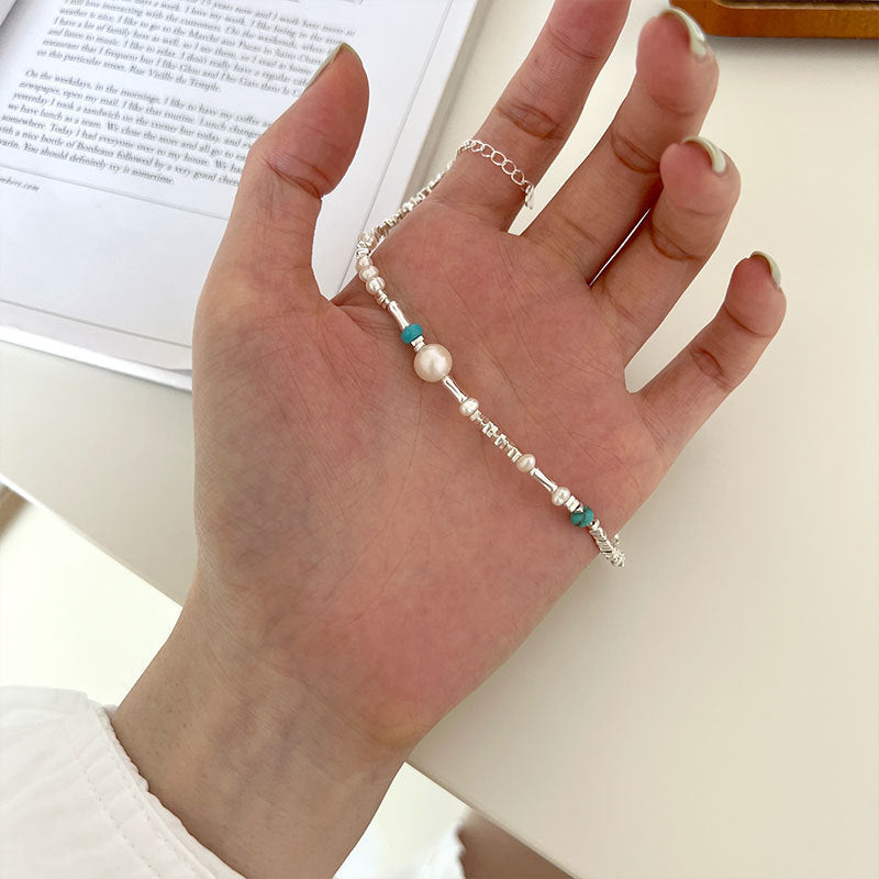 碎銀子藍色珍珠925銀手鏈