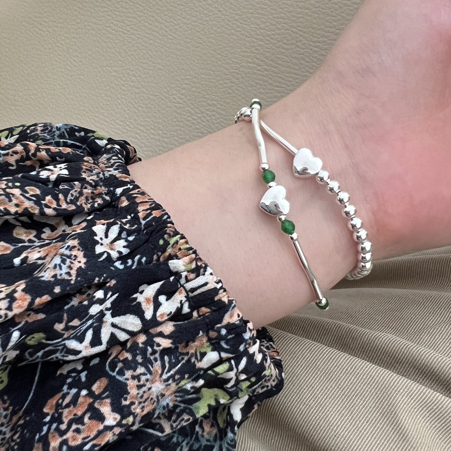 心心珠珠彈力925銀手鏈